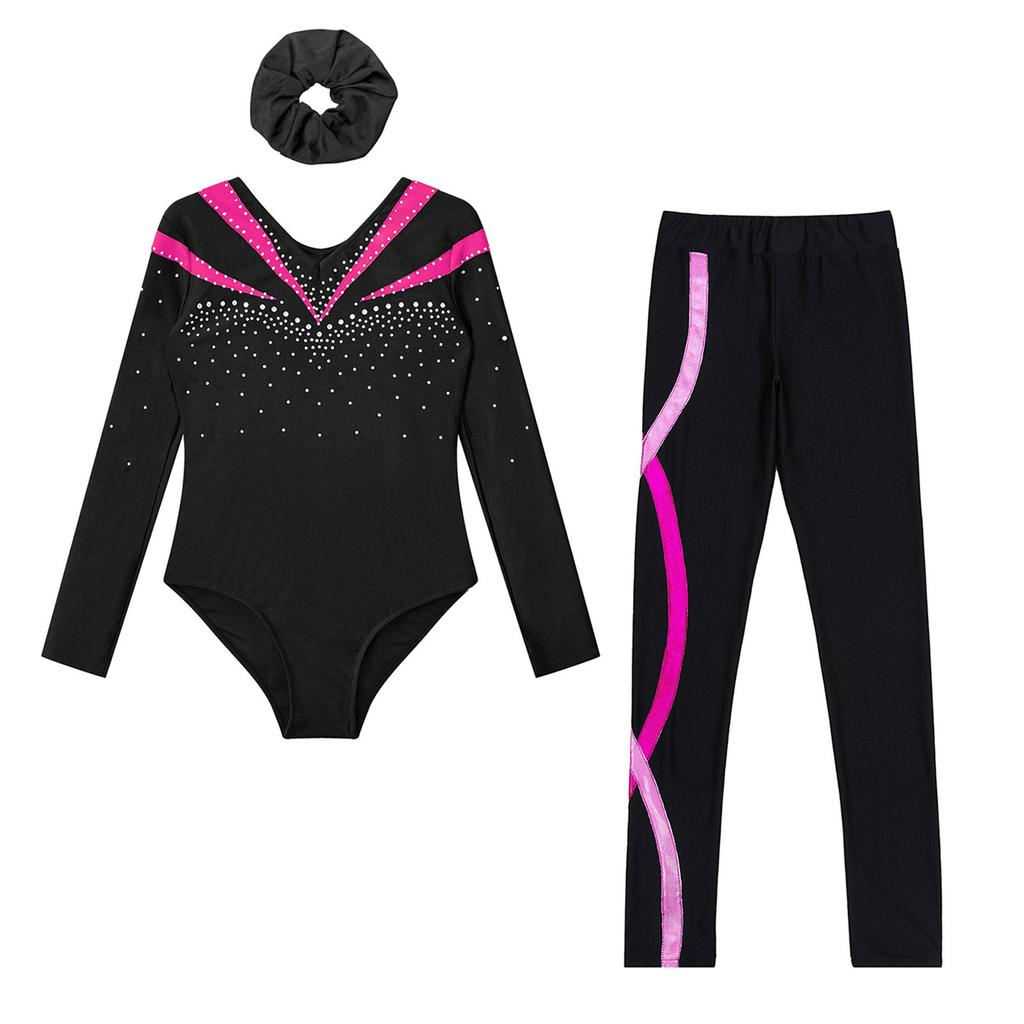 Mädchen Langarm V-Ausschnitt Glänzende Strasssteine Kontrastfarbe Gymnastik-Turnanzug Set Komplett mit Leggings Haarband