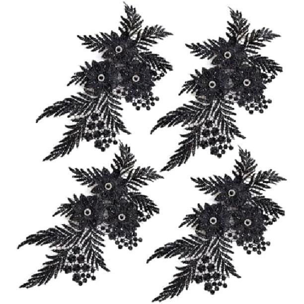 4er-Pack 3D-Blumen-Pailletten-Applikation mit Strass-Glitzer-Perlen-Stickerei, Stoff-Spitzenbesatz für Hochzeit, Brautkleid, Kleid, Tasche, Kissen