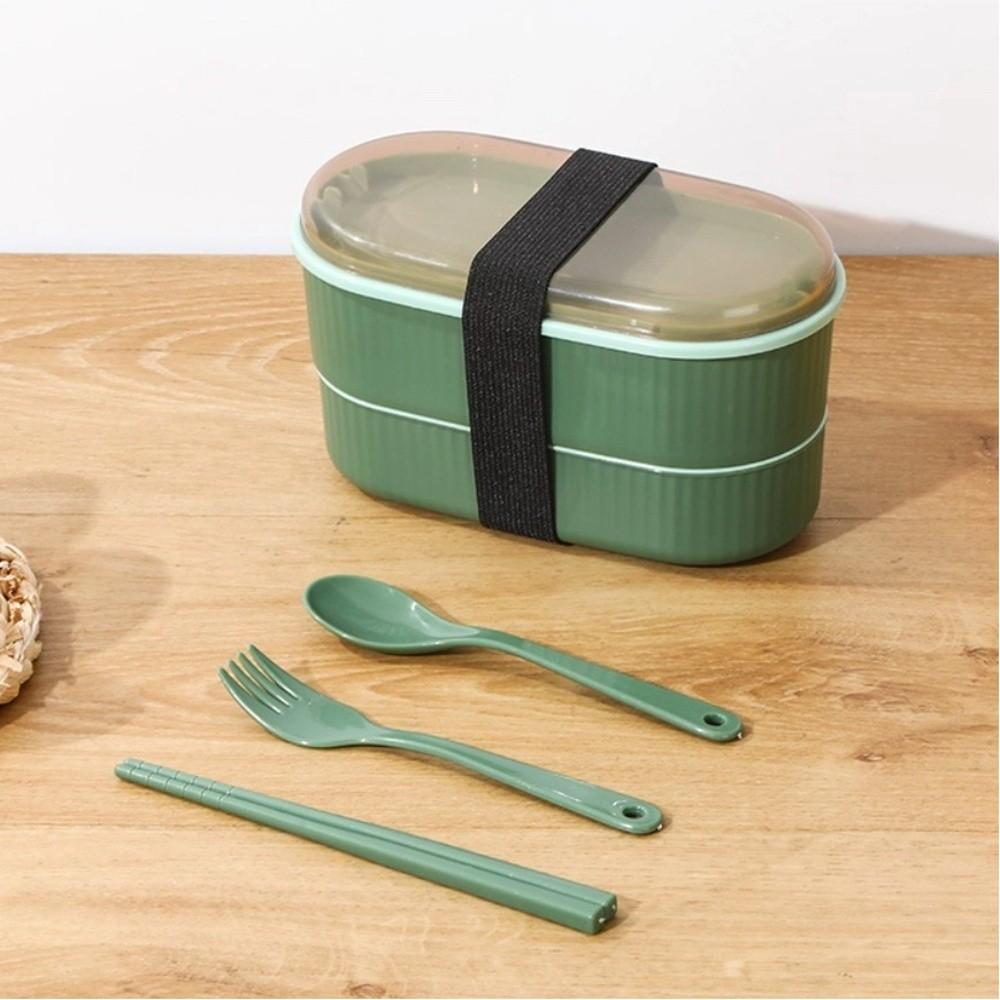Portable Double Layer Lunch Box with Fork and Spoon Microwave Food Storage Boxes Leakproof High Capacity Dinnerware Set