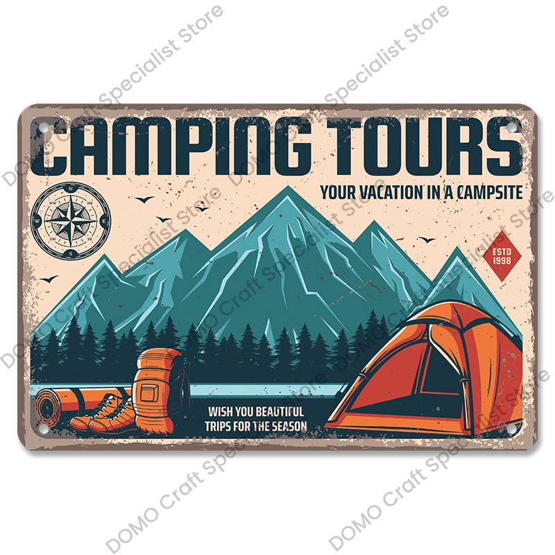 Camping Abenteuer Plaketten Vintage Metall Platte Berg Reise Campervan Touren Retro Metall Zeichen Wand Dekor Reise Club Camping Autos