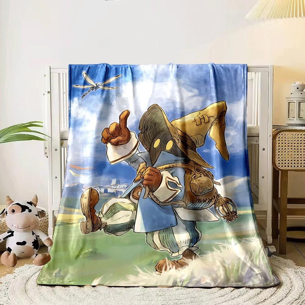 A fantasy character with yellow eyes and a hat pointing towards a dragonfly. for all seasons blanket lunch break throw gift 80cm x 120cm