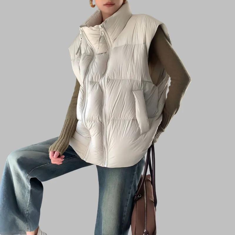 Autumn Winter New Loose Short Versatile Double Zipper Vest Stand-collar Down Cotton Jacket Women