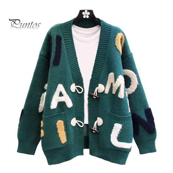 

Женский свитер, пальто с V-образным вырезом, длинный рукав, принт с буквами, вязаное пальто, однобортное, карманы, свободный крой, вязаный кардиган зелёный