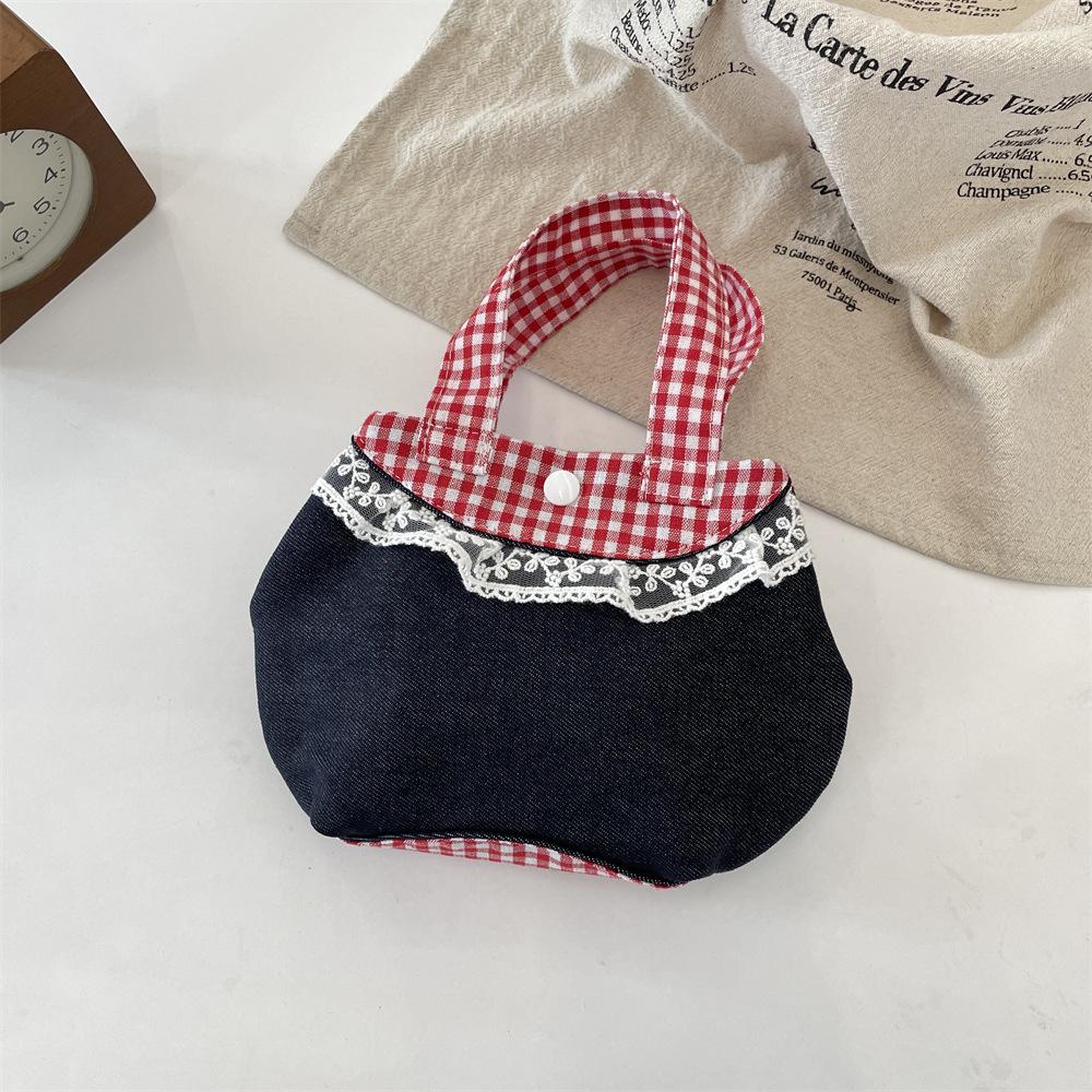 Sweet Lace Ctrast Color Women's Small Handbags Retro Denim Ladies Plaid Purse Tote Bento Bags Casual Bow Star Female Lunch Bag