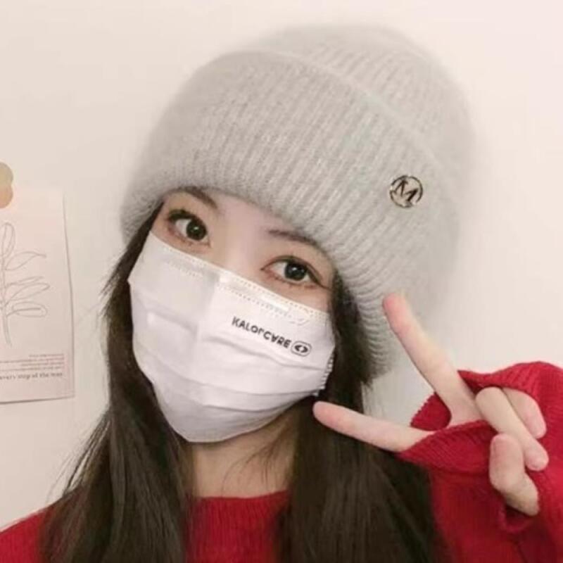 Women's Winter Warm Metal Logo Simple Color Beanie