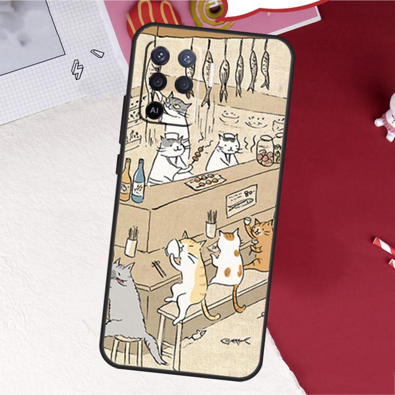 Japanese Cat Drink Pattern Case For Oppo A17 A57 A77 A74 A54 A94 A78 A98 A18 A60 A80 A40 A38 A58 A96 A76 A16 A15 A5 Pro