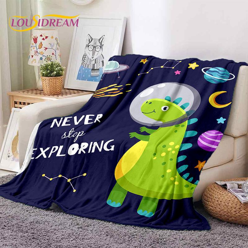 3D Uroczy Dino Kreskówkowy Dinozaur Kosmos Dzieci Miękki Flanelowy Koc na Łóżko Sypialnię Sofę Piknik, Koc do Rzucania na Zewnątrz Rekreacja