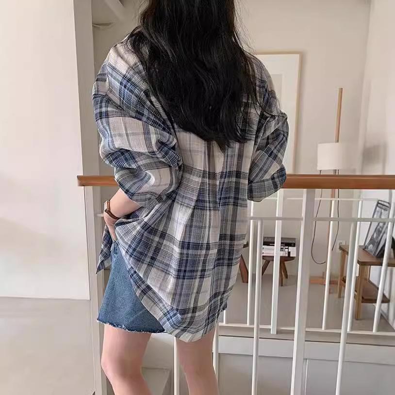 New 2025 Women's Loose-Fit Korean Blue Plaid Shirt Top