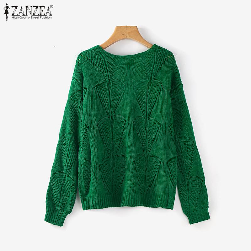 ZANZEA Autumn Women V Neck Long Sleeve Hollow Out Casual Knitted Sweaters Jumpers
