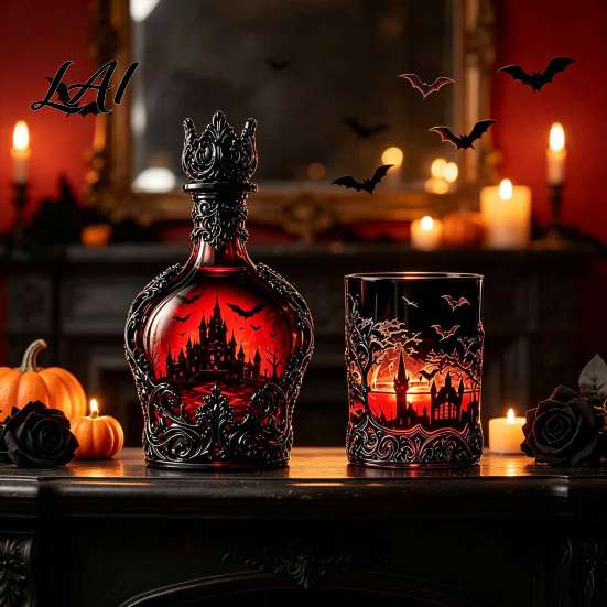 Dark Fantasy Wine Container 1200ML Halloween Bat Castle Whiskey Bottle 320ML Vintage Gothic Glass Bottle Cup Decorative Liquor Decanter Flask