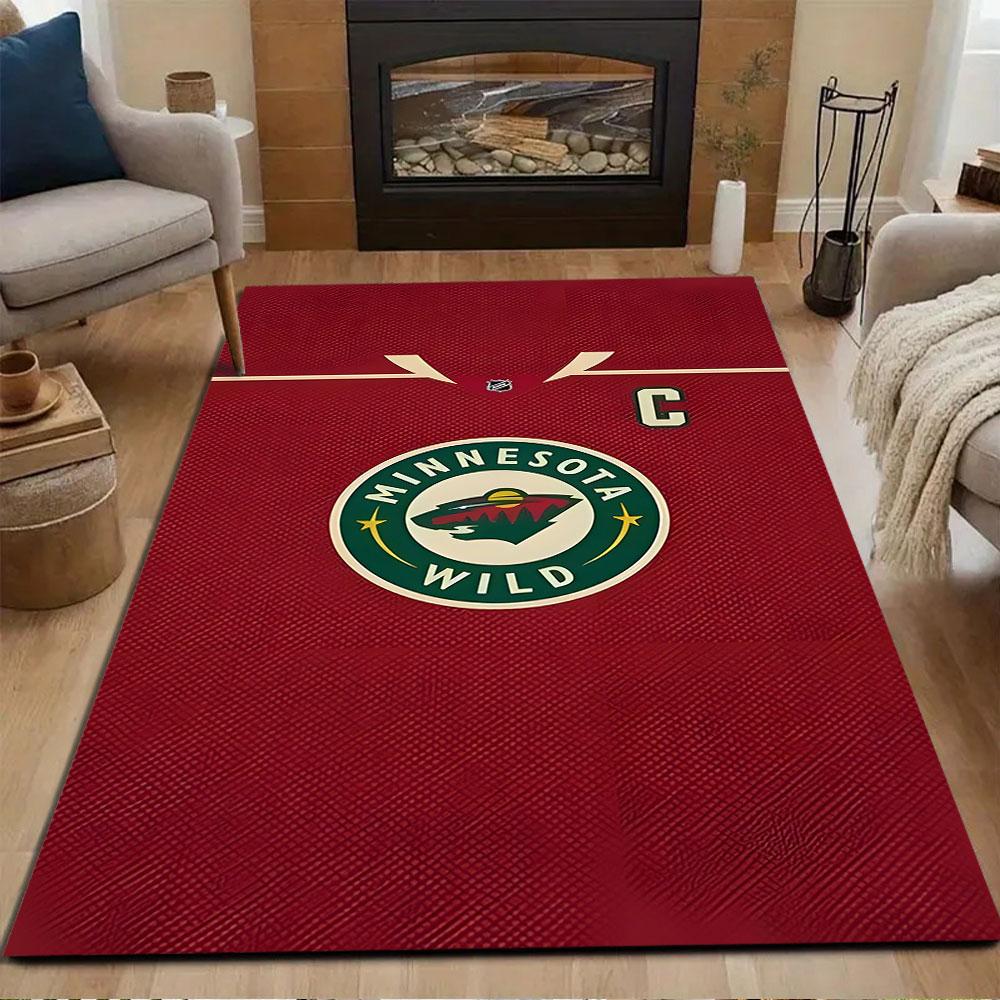 Minnesota Wild Team Logo On Red Background Patterned Carpet, Non Slip Mat Suitable for Living Room and Bedroom Sofas