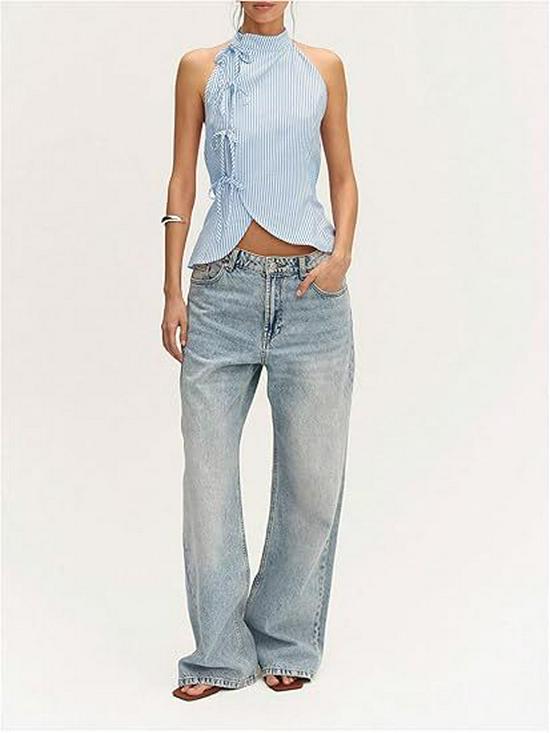 European & American Women's Asymmetrical Hem Striped Front-Tie Strapless Backless Tank Top