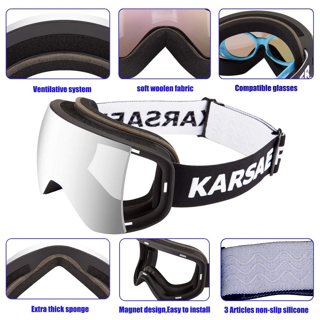 Karsaer Snowboarding and Skiing Goggles with Magnetic Upgraded OTG Double UV Glasses Lightweight and Impact Unisex Sports Goggles for Hiking and
