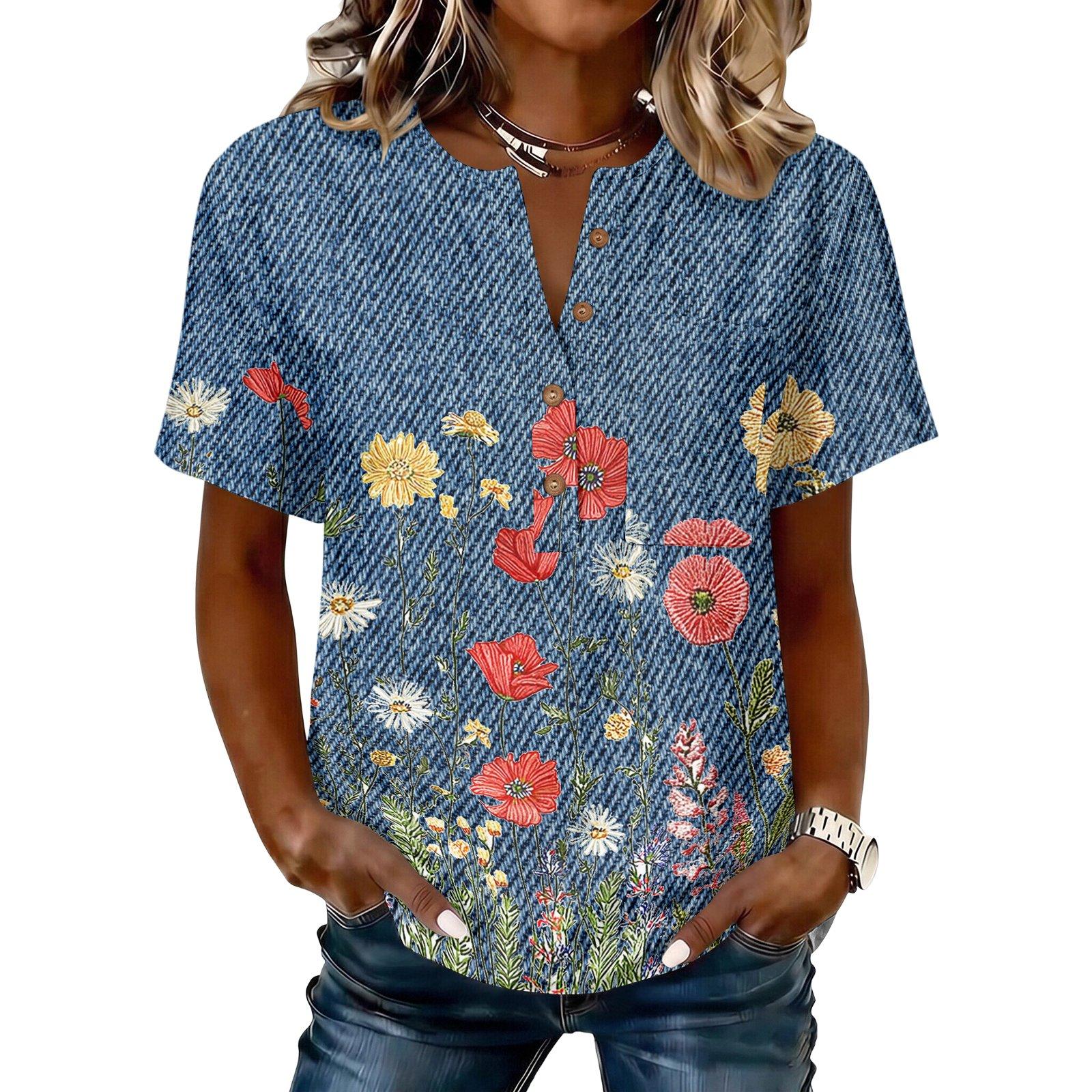 Women s Printed Short Sleeve Button Down Cotton Linen Shirts Casual Tops L