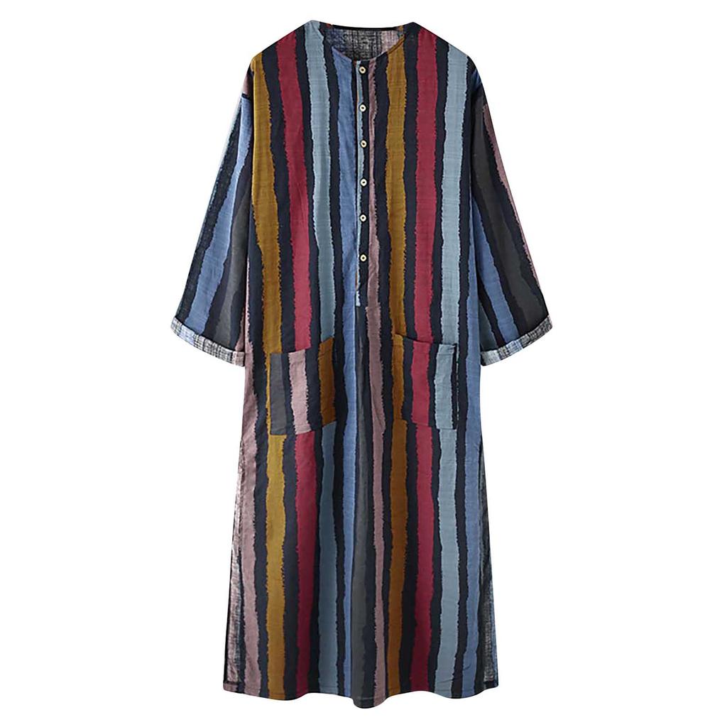 Men's Long Sleeve Arabian Striped Printed Shirt Muslim Men's Robe
