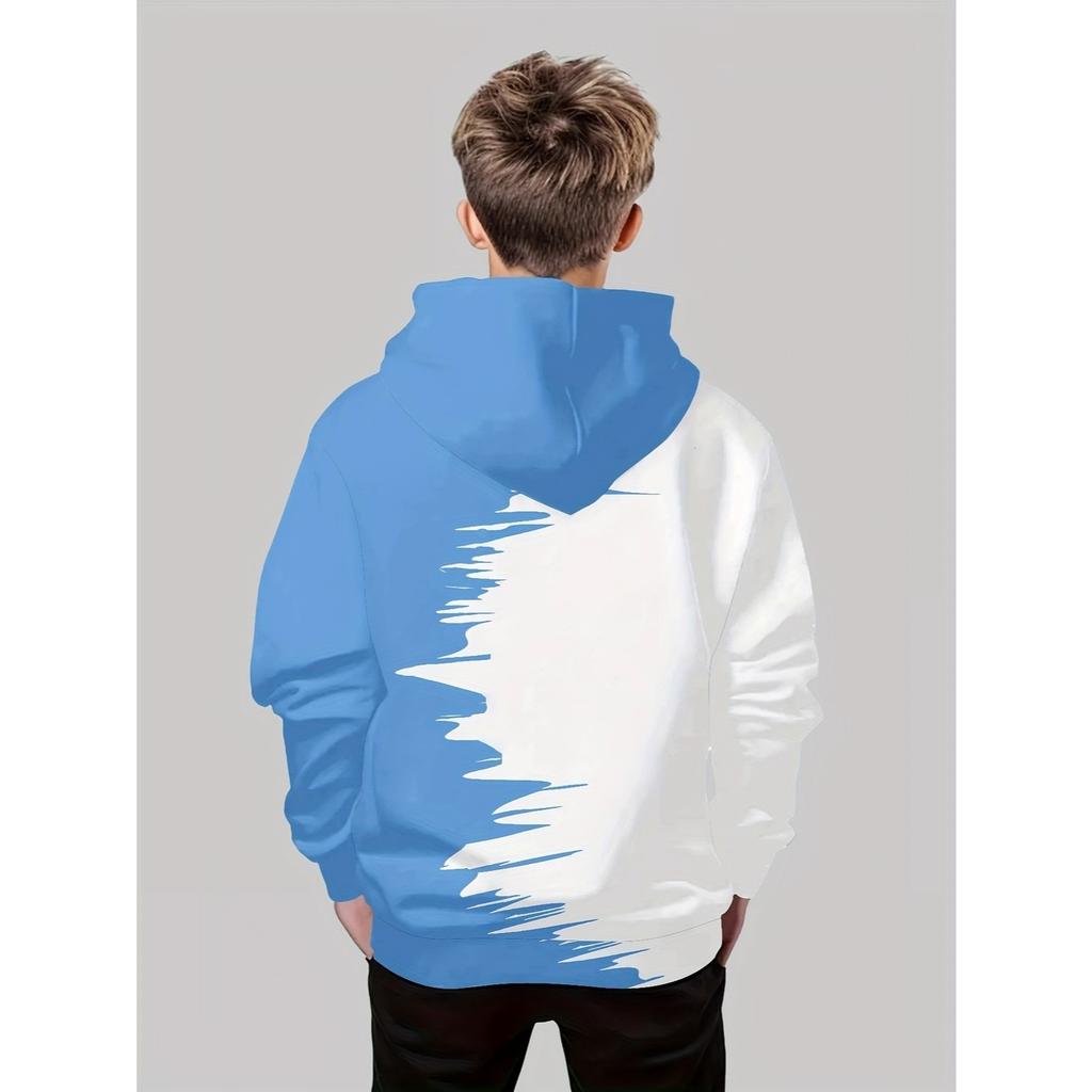 Boys' 3D Football Printed Hoodie - Casual Pullover, Blue and White Splash Design, Long Sleeves, Polyester Blend