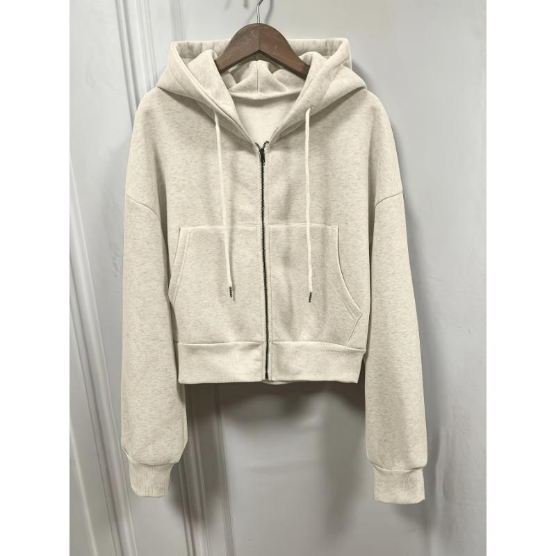 Spring Autumn New Insfleece-lined Versatile Cropped Slims Smooths Silhouette Zip-up Warm  Hooded Sweatshirt Women