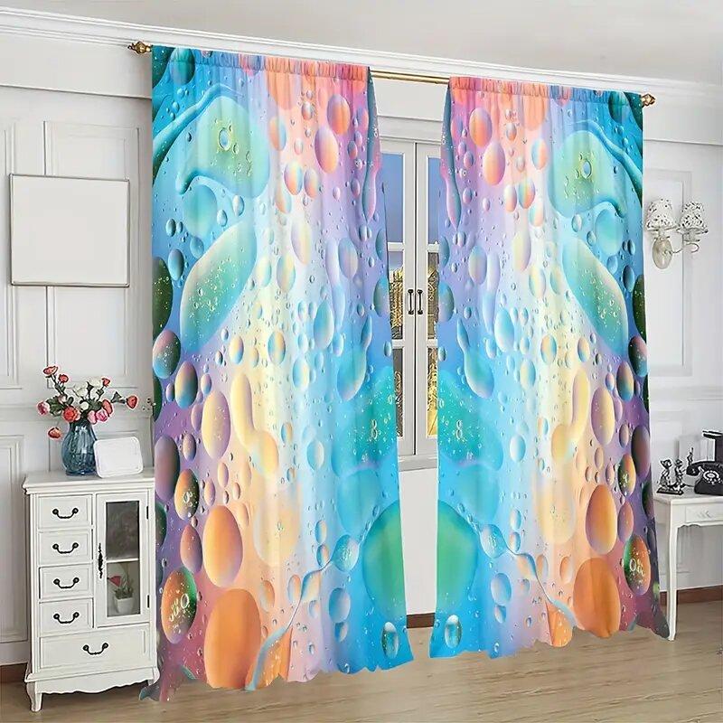 Set aus 2 bunten Vorhängen mit Blasenmuster-Druck, Stangentasche, Schlafzimmer, Wohnzimmer, Heimdekoration, Vorhang, Polyester, Perfekt für