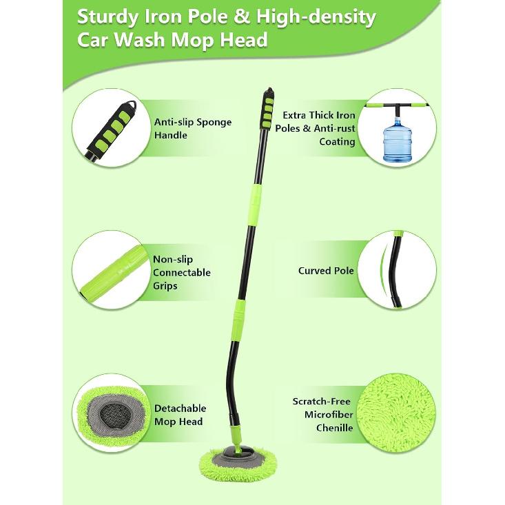 Curved Car Wash Brush Mop 47" With Long Handle Sturdy Metal Pole 3 Grip Points Washing Wand Auto Cleaning Tool Kit Scratch-Free Chenille Microfiber