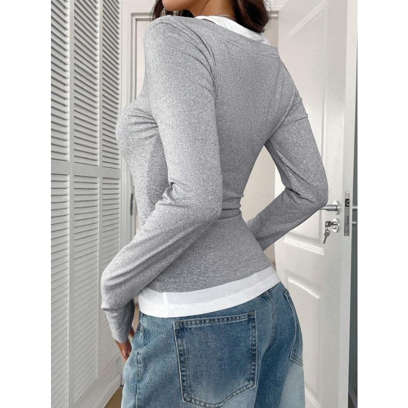 DAFIFY Damenmode, lässig, Frühling und Herbst, einfarbig, langärmelig, quadratischer Kragen, Blusen und Hemden