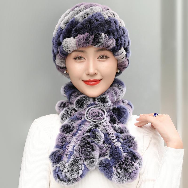 Women Real Rex Rabbit Fur Hat Scarf Set Thickened Warm Winter Rabbit Hat Scarves 2 Pieces For Girls Fashion Outdoor Fur Scarves