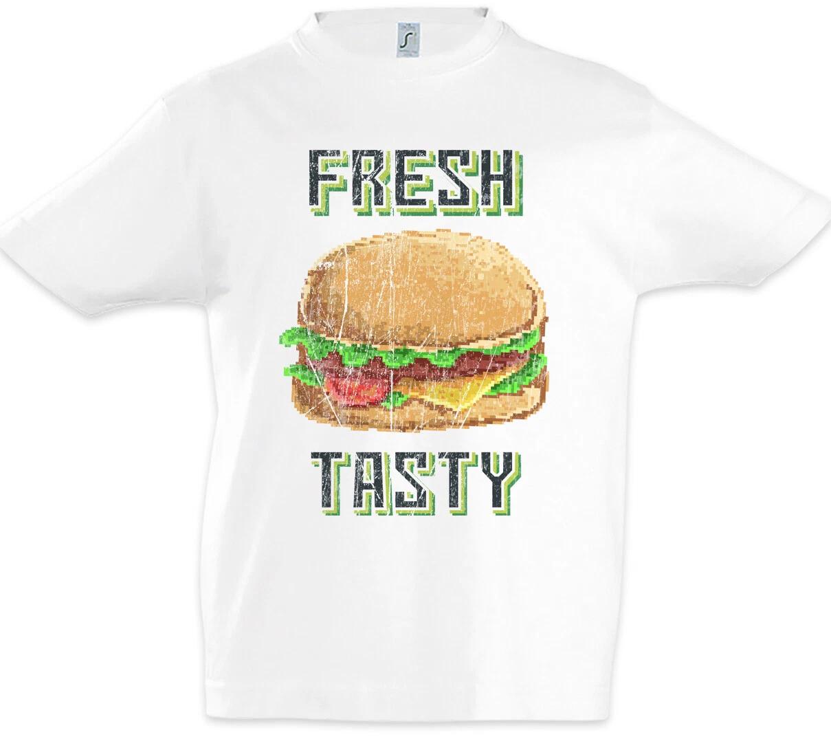 Fresh Tasty Kids Boys T-Shirt Burger Barbecue Pixel Retro Hamburger Chef Bun 140