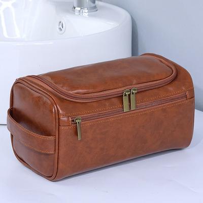 With Handle Men Toiletry Bag PU Leather Makeup Pouch Cosmetic Storage Bag Bathroom