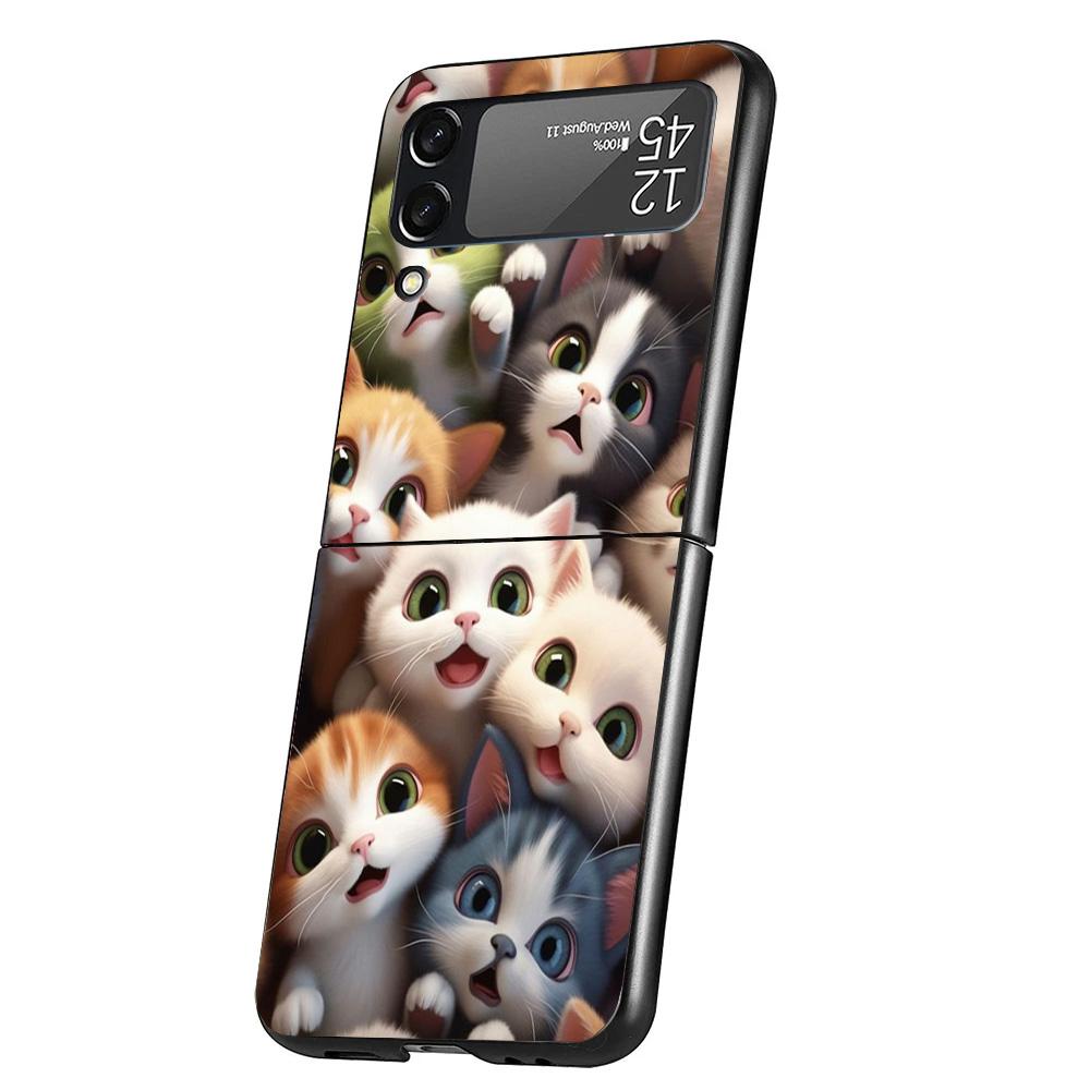 Cartoon Cute Cats Background Case Phone Cover for Samsung Galaxy Z Flip 6 5 4 3 5G ZFlip6 ZFlip5 ZFlip4 ZFlip3 Black Hard Trend