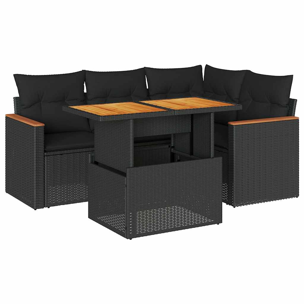 5 Piece Garden Sofa Set with Cushions Black Poly Rattan & Acacia