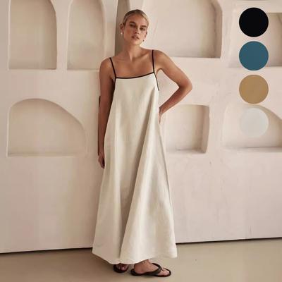 Φόρεμα μακρύ με λάστιχο από βαμβάκι για γυναίκες, τετράγωνο λαιμόκοψη, αμάνικο, ρυθμιζόμενο, μάξι φόρεμα, casual, μοντέρνο, καλοκαιρινό, αναπνεύσιμο, ελαφρύ, μαλακό, άνετο φόρεμα