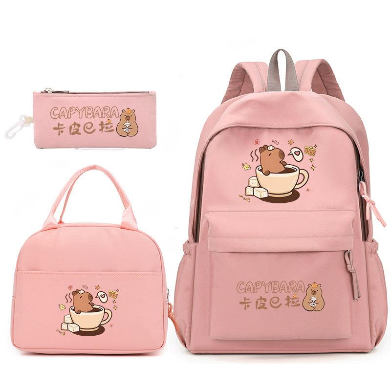 Large Capacity Schoolbag with Shoulder Strap; Student Three-piece Pencil Case Set