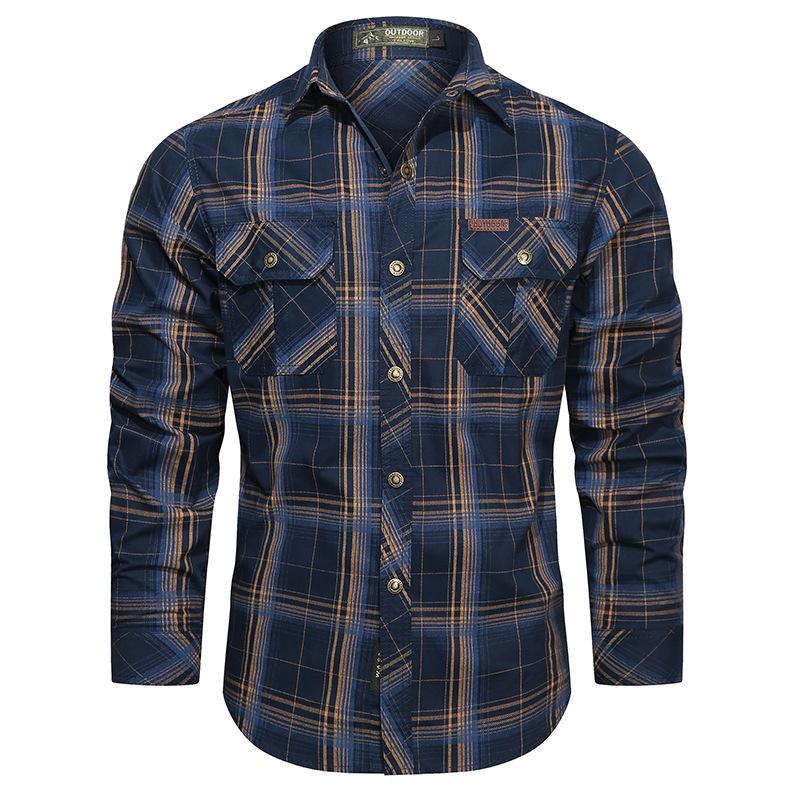 

American retro shirt men s, spring and autumn solid color casual versatile long-sleeved shirt ruffian handsome tooling trendy brand 5XL темно-синього кольору