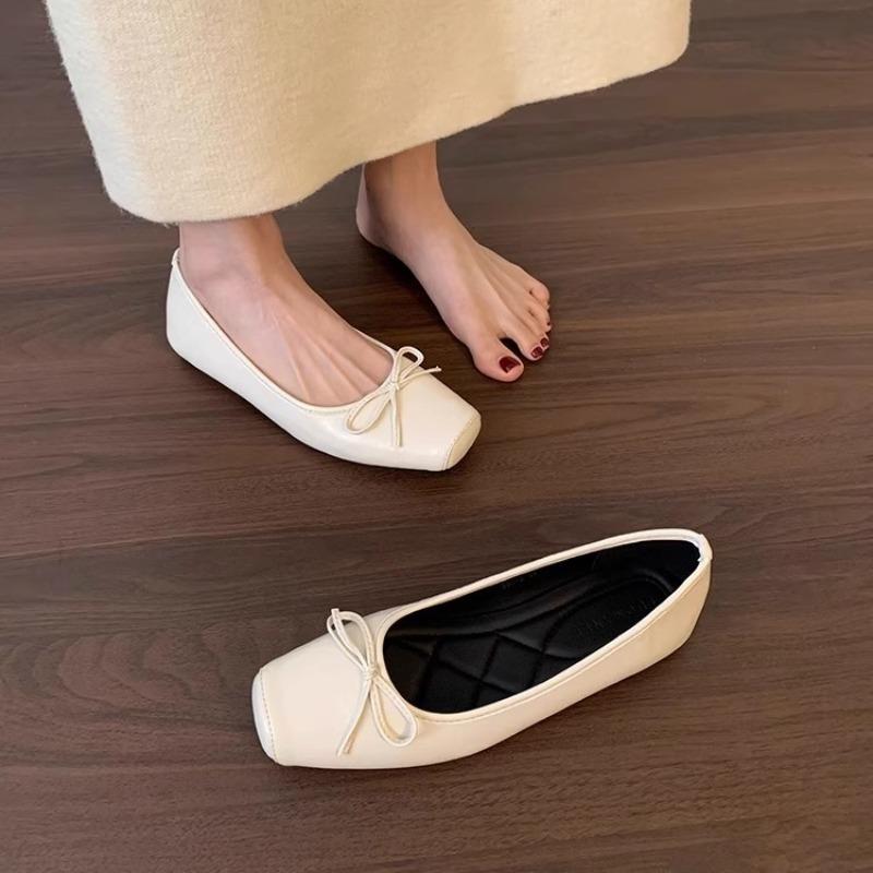 2025 Sweet Bowtie Shoes Woman Silk&Leather Patchwork Ballerinas Ladies Square Pig Nose Toe Mocasines Femmes Silver Flats Ballets