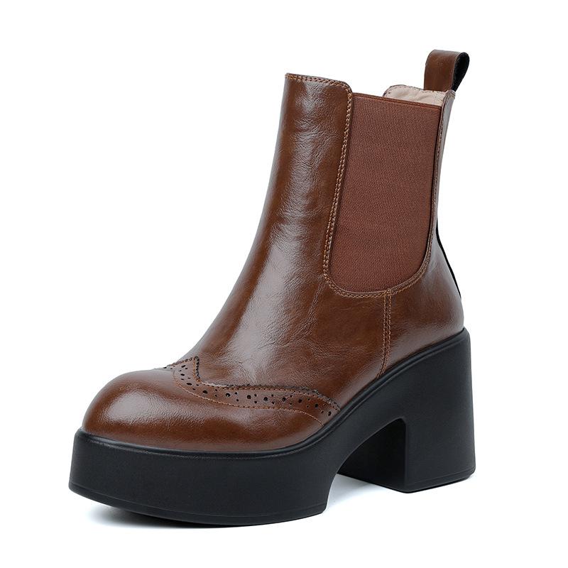 Muffin Sole Thick Heel Leather Martin Boots 2025 Autumn and Winter New Hand-scratched Brown Waterproof Table High Heel Chelsea Boots