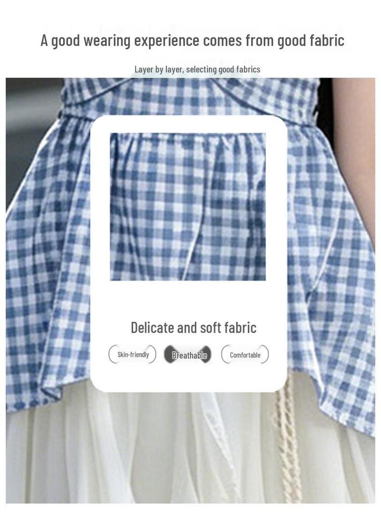 2026 New Girls' Plaid Strappy Top & Long Skirt Set - Korean Style