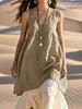 Nuovo Vestito da Spiaggia Estivo da Donna Casual Largo alla Moda Senza Maniche Cotone Lino Monocolore Scollo a V