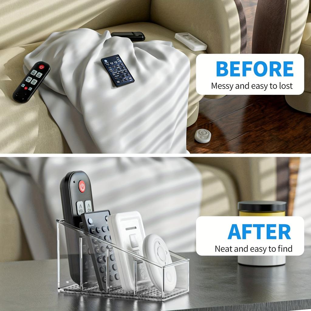 Clear Plastic Remote Control Holder and Desk Organizer with 4 Compartments for Home and Office Use