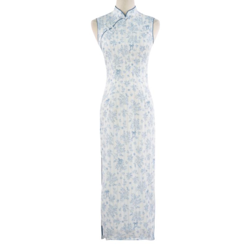 New Chinese national style retro blue floral cheongsam 1 improved sleeveless daily young commuter women's dress