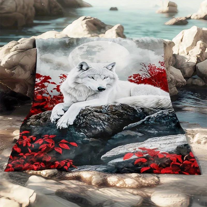 Moonlight Wolf and Red Leaf Pattern Flannel printed blanket suitable all seasons suitable for living room office sofa and travel