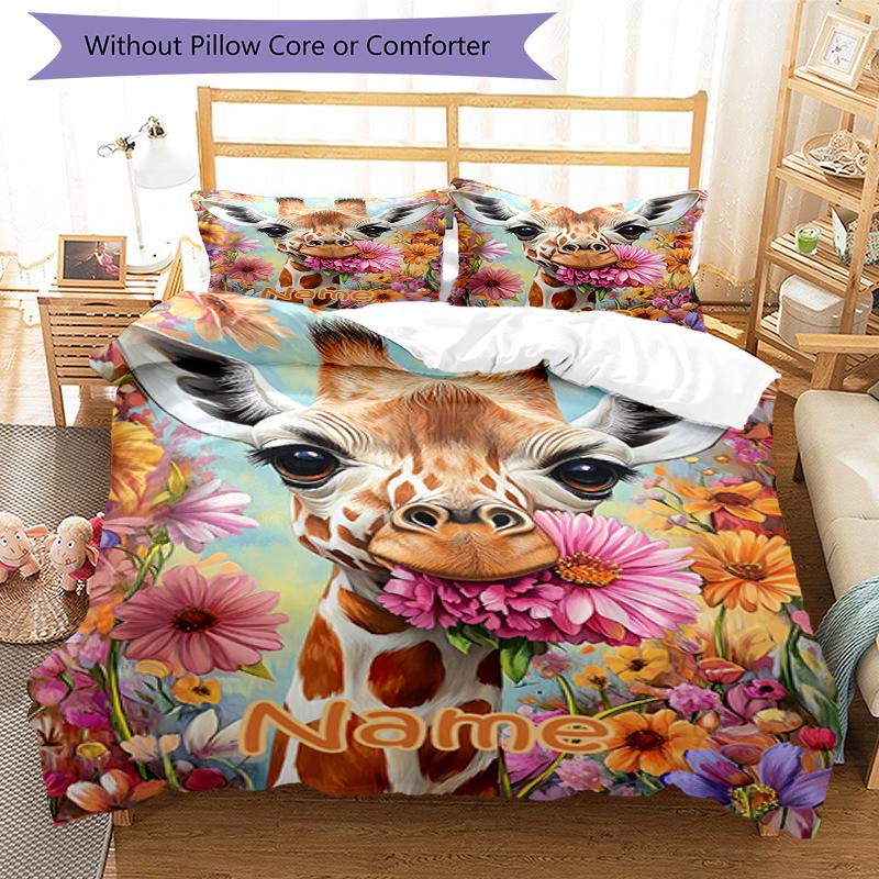 Set Biancheria da Letto con Giraffa e Nome Personalizzato 3 Pezzi Copripiumino Chiusura Include 1 Copripiumino e 2 Federe, Morbido e Confortevole per Tutte le Stagioni.