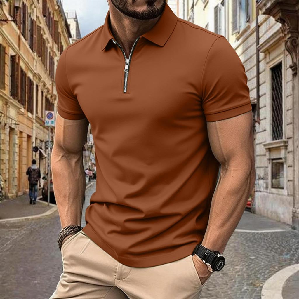Herren Sommer Kurzarm Poloshirt mit Reißverschluss vorne Lässig Umlegekragen Leicht Atmungsaktives Oberteil
