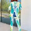 Women Plus Size Round Neck Long Sleeve Printed Top And Fitted Pants Two Piece Set