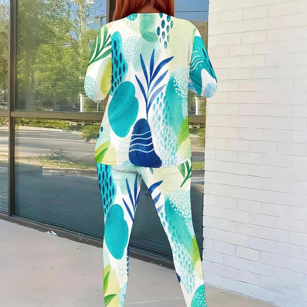Women Plus Size Round Neck Long Sleeve Printed Top And Fitted Pants Two Piece Set