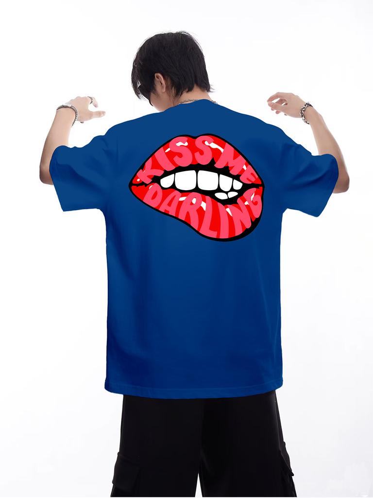 Unisex Summer Oversized Back Print T Shirt Red Lips Kiss Me Darling Letter Graphic Casual Streetwear Loose Short Sleeve Fashion Top