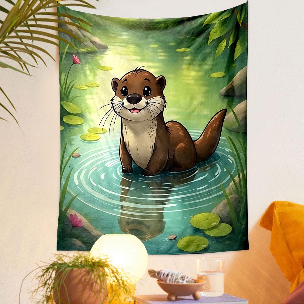"Cartoon Otter by Serene Forest Pond" Patterned Tapestry Decorative Wall Hanging, Home Bedroom Living Room Decor