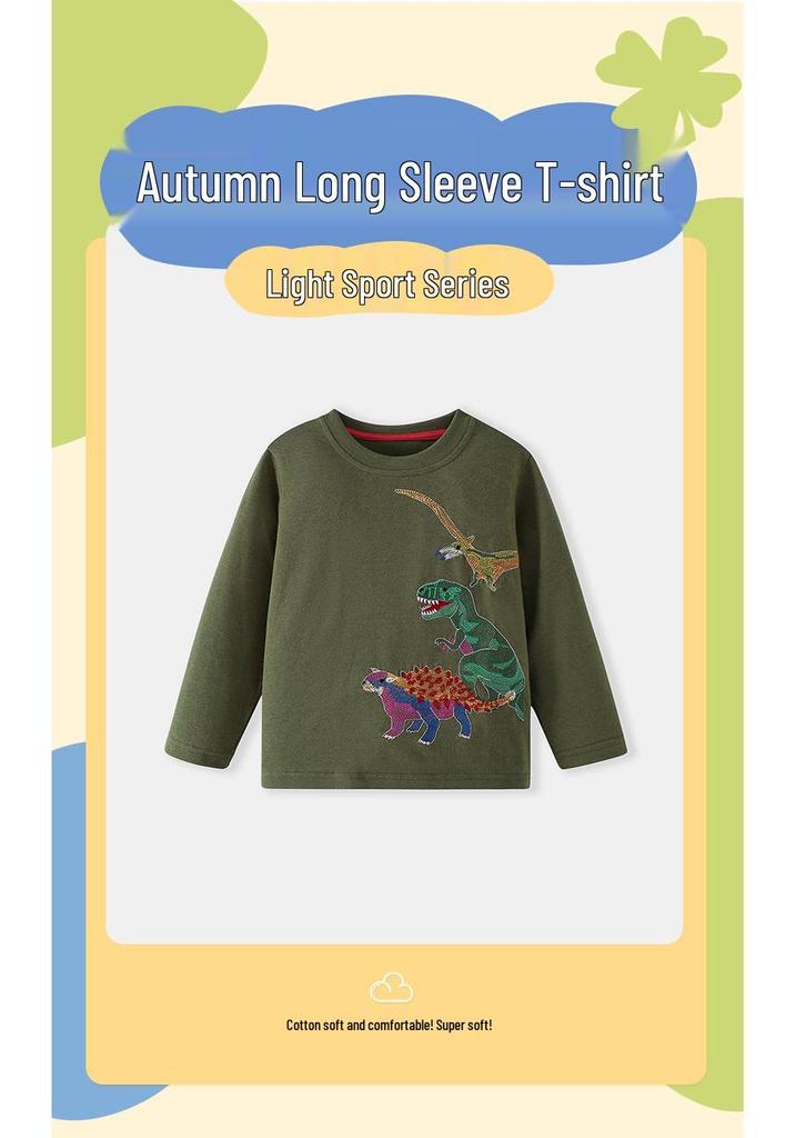 Boys' Dino Embroidery Long-Sleeve Green T-shirt, Casual Autumn/Winter Base Layer, Small/Medium