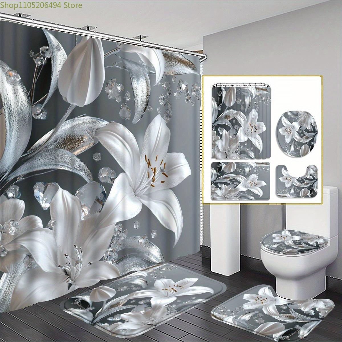 

Набор для ванной комнаты «Ледяная лилия» из 1/3/4 предметов со шторкой для душа, ковриком для ванной, U-образным ковриком и крышкой для унитаза - Элегантный принт «Серая лилия», Высокий 4pcs-Set