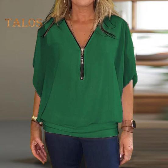 Naiste šifoonpluus V-kaelusega tõmblukk, poolpluus, varrukad, pullover, ühevärvilised vabaaja topid