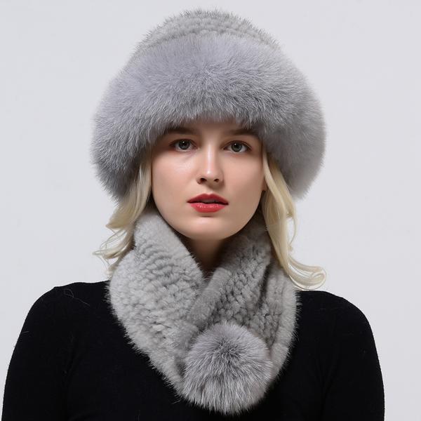Hot Sale Rex Rabbit Fur Hats Scarf Set Elastic Knitted Winter Hat Women Genuine Warm Fur Caps Luxury Woman Fox Fur Bucket Hat