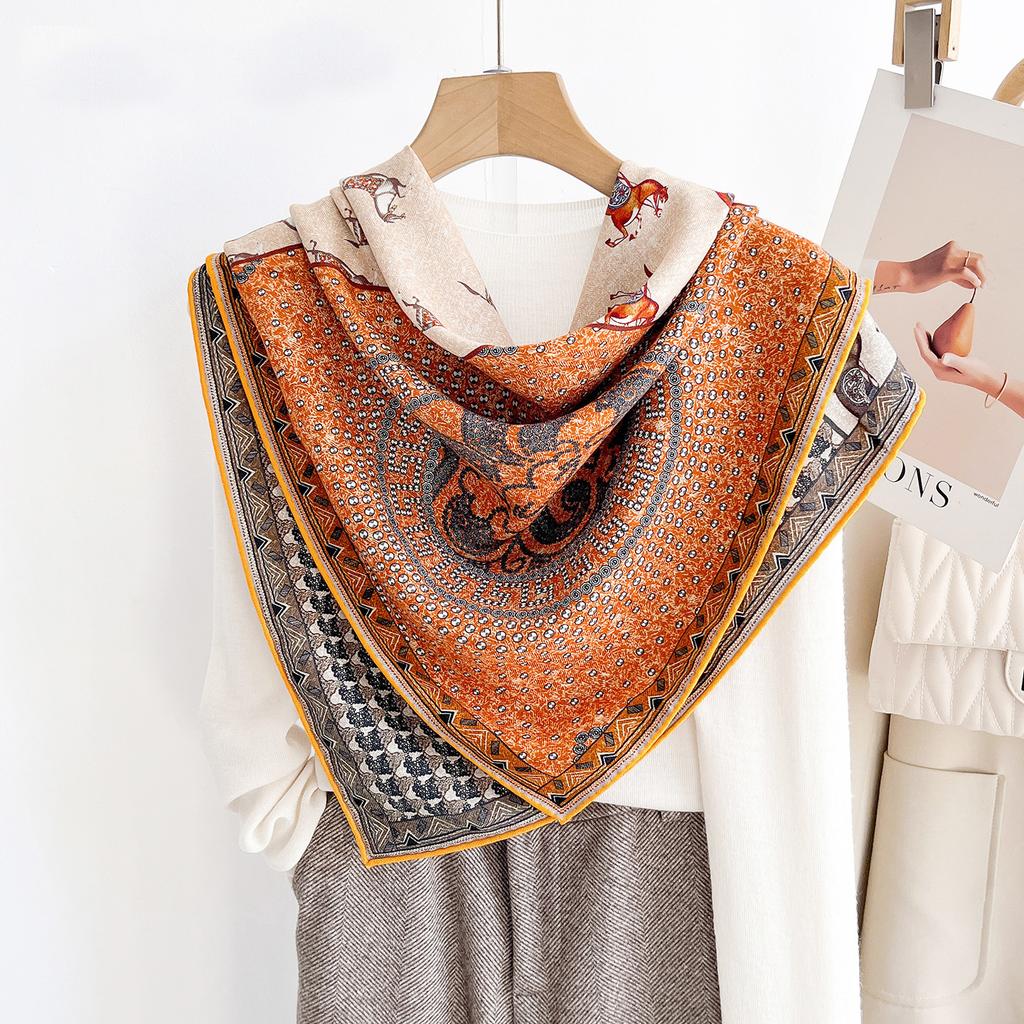 Autumn and Winter New Fashionable High-value 91cm Silk Square Scarf Women's French Light Luxury Neck Protection Silk Wool Silk Scarf